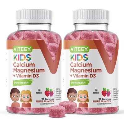 Kids Calcium Gummies Vitamin D3 Magnesium Citrate for Kids and Teens - Supports Bone Health, Immune Support, Energy Muscle Function - Gluten Free, GMO Free - Tasty Chewable Fruit Flavored Gummy