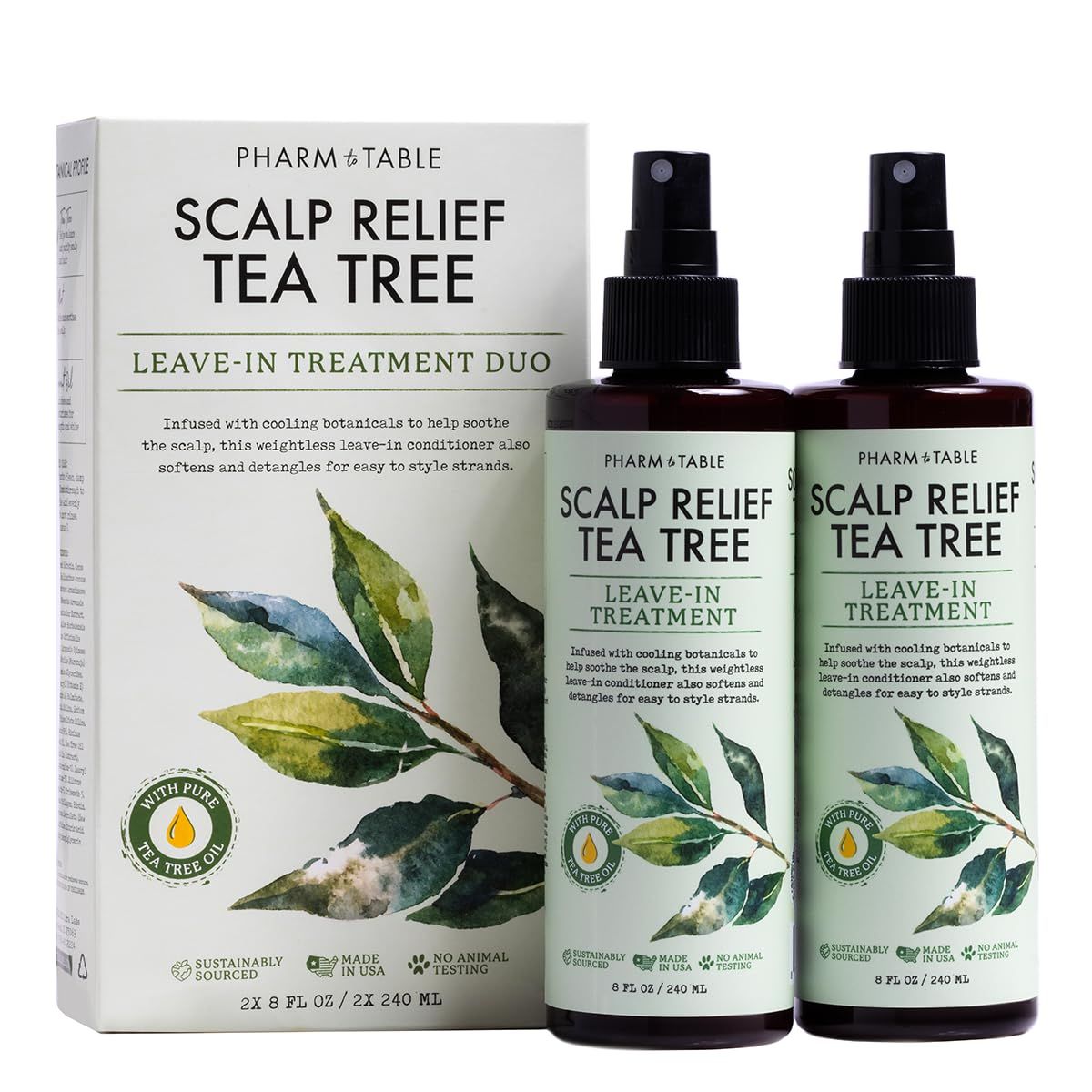 PHARM TO TABLE Scalp Relief Tea Tree Leave-In Conditioner, Relieve Itchy, Dry Scalp, Detangles Hair, 240ml8 fl oz, 2-Pack