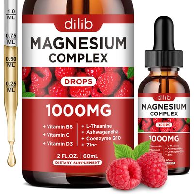 Triple Magnesium Complex Supplement, Magnesium Glycinate, threonate, Citrate Liquid Drops 1000mg with Ashwagandha, CoQ10, Vitamin B6, C, D, Zinc - Vegan Raspberry Flavor