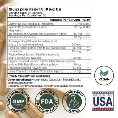 Cortisol Balance Supplement - Promotes Balanced cortisol Response, Support Stress Relief and Relaxation with Ashwagandha, Rhodiola Rosea, Passionflower, L-Theanine, Magnesium, Zinc, B6 B5 - Vegan
