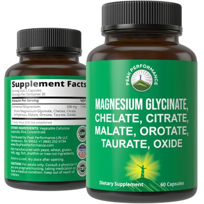 Magnesium Glycinate Citrate Malate Chelate Orotate Taurate Oxide. 7 Forms of Magnesium Complex. 500mg Supplement Capsules for Women Men. 2 Pills for Sleep, Leg Cramps, Muscles