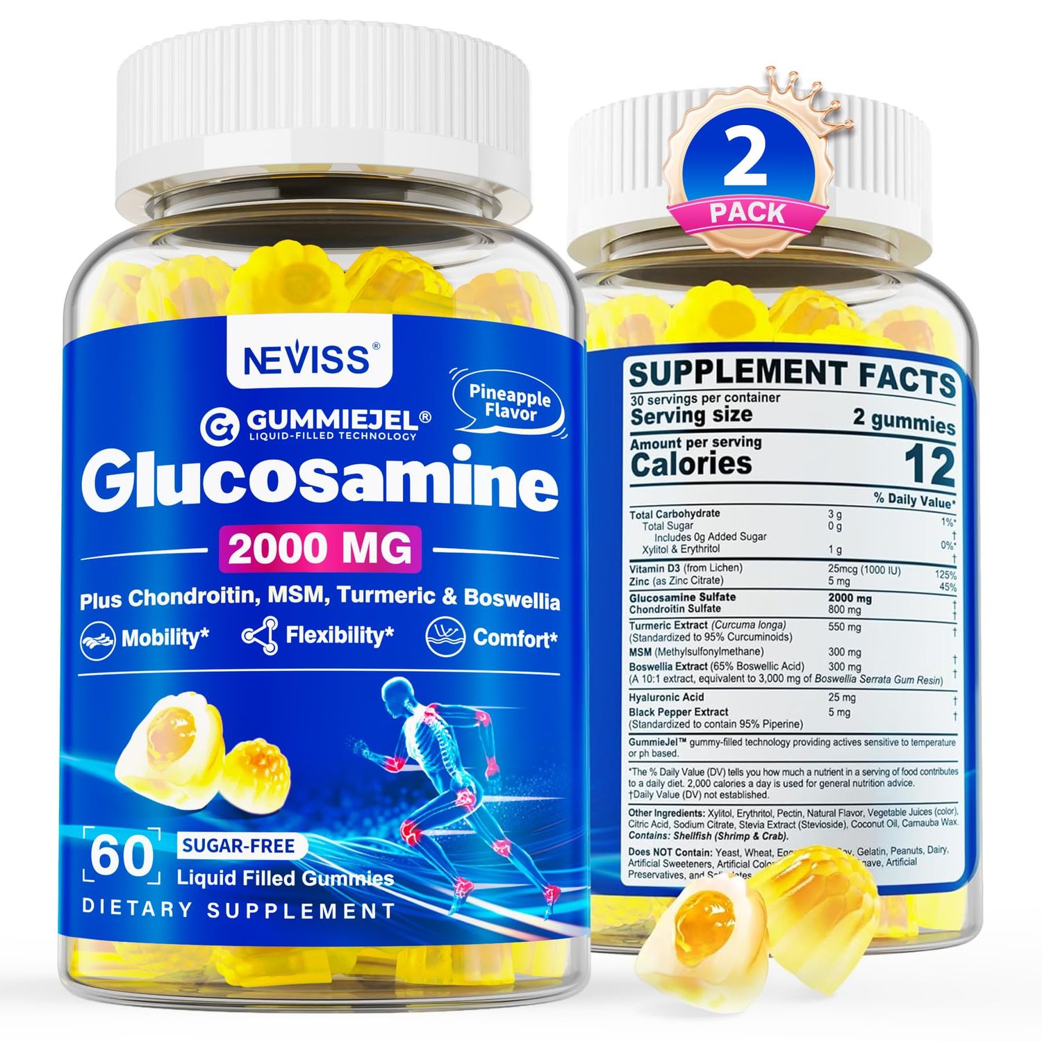 NEVISS Sugar Free Glucosamine Filled Gummies - Glucosamine Supplement Plus Chondroitin, MSM, Turmeric, Boswellia, Hyaluronic Acid, Vitamin D3 Zinc, 120 Gummies, 60 Servings