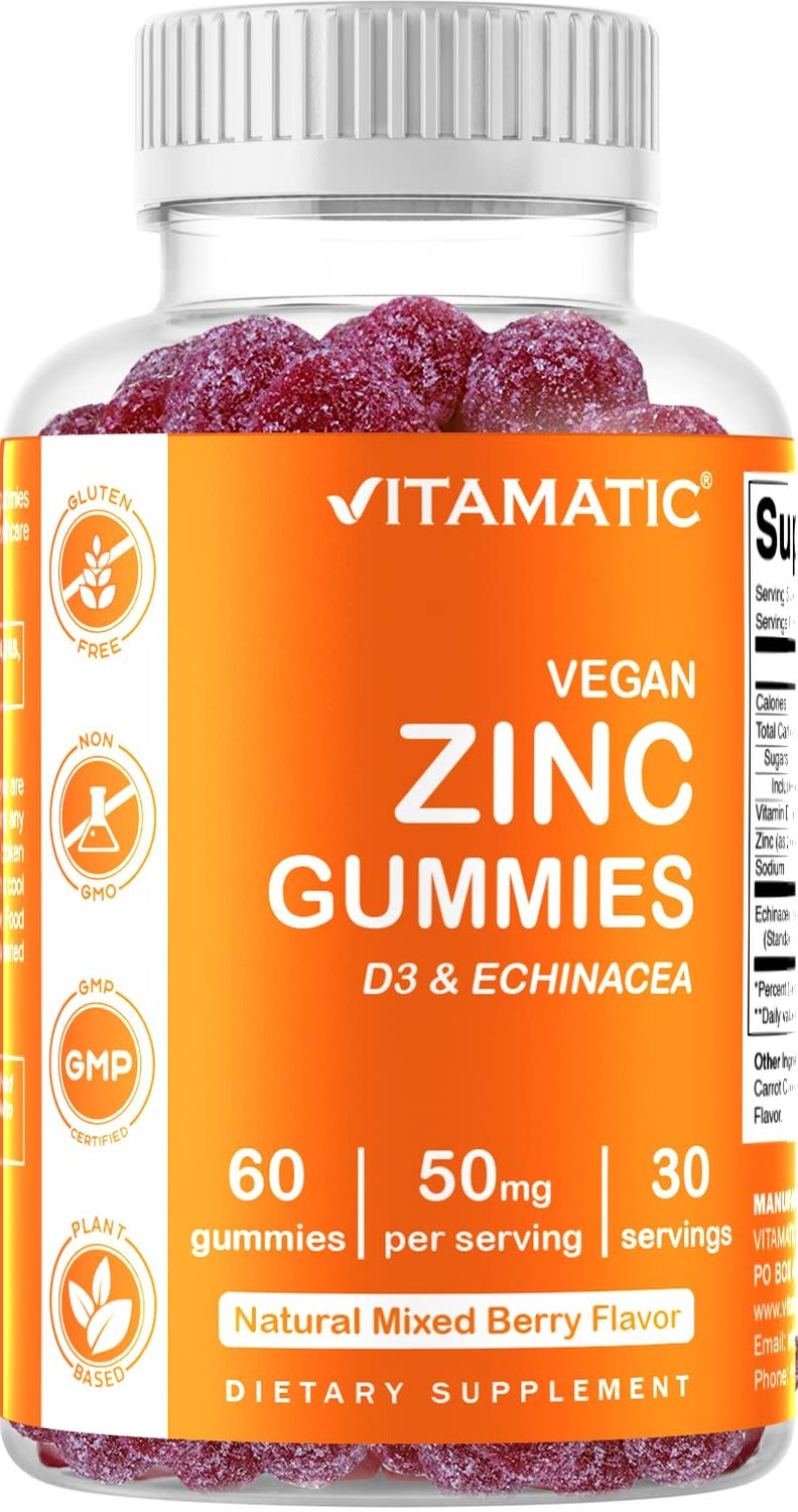 Vitamatic Zinc 50mg Gummies - 60 Vegan Gummies Gluten Free - Healthy Immune Support for Adults, Men Women