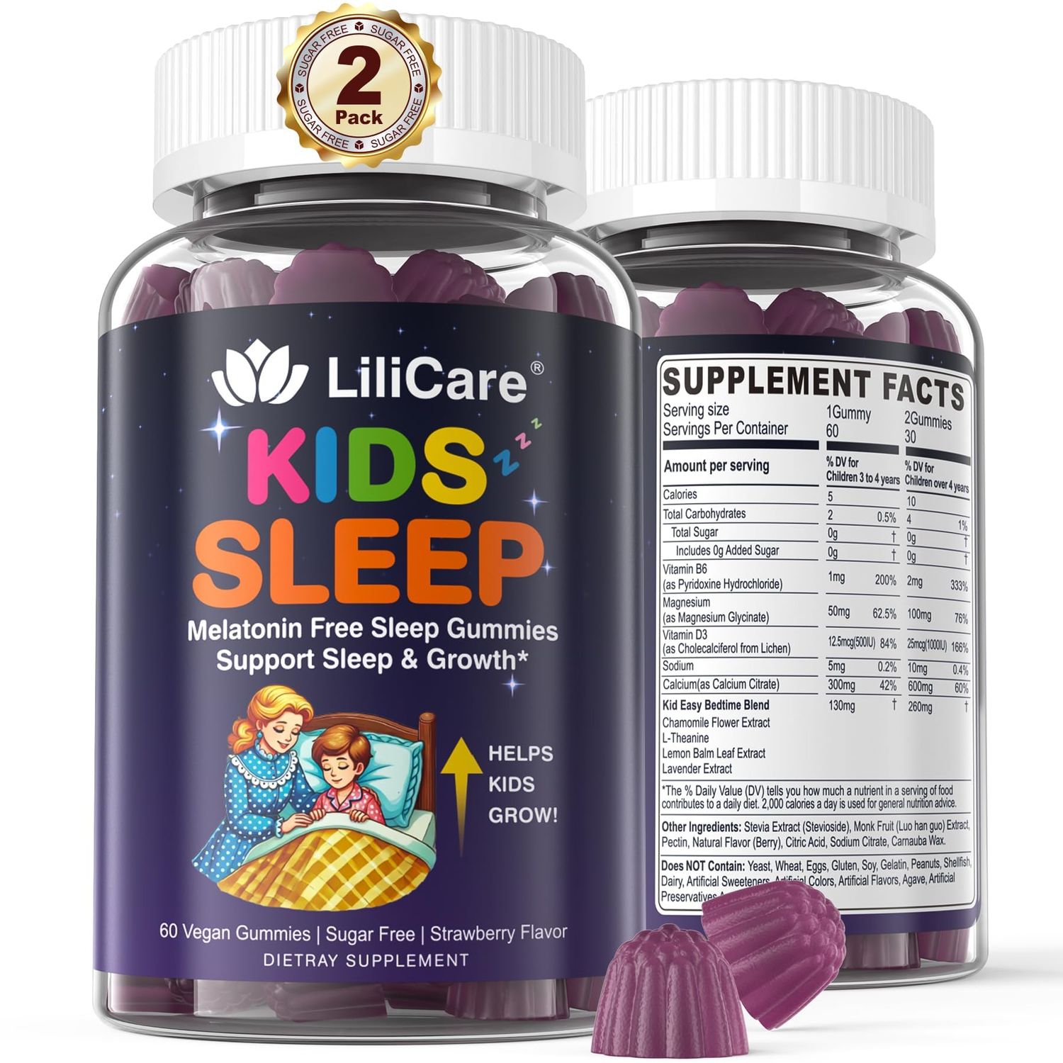 LILICARE Kids Sleep Gummies - Magnesium Glycinate Gummies, Melatonin Free Sleep Aid Magnesium, Calcium, D3, B6, L Theanine Kid Melatonin Alternative for Restful Sleep (Pack of 2)