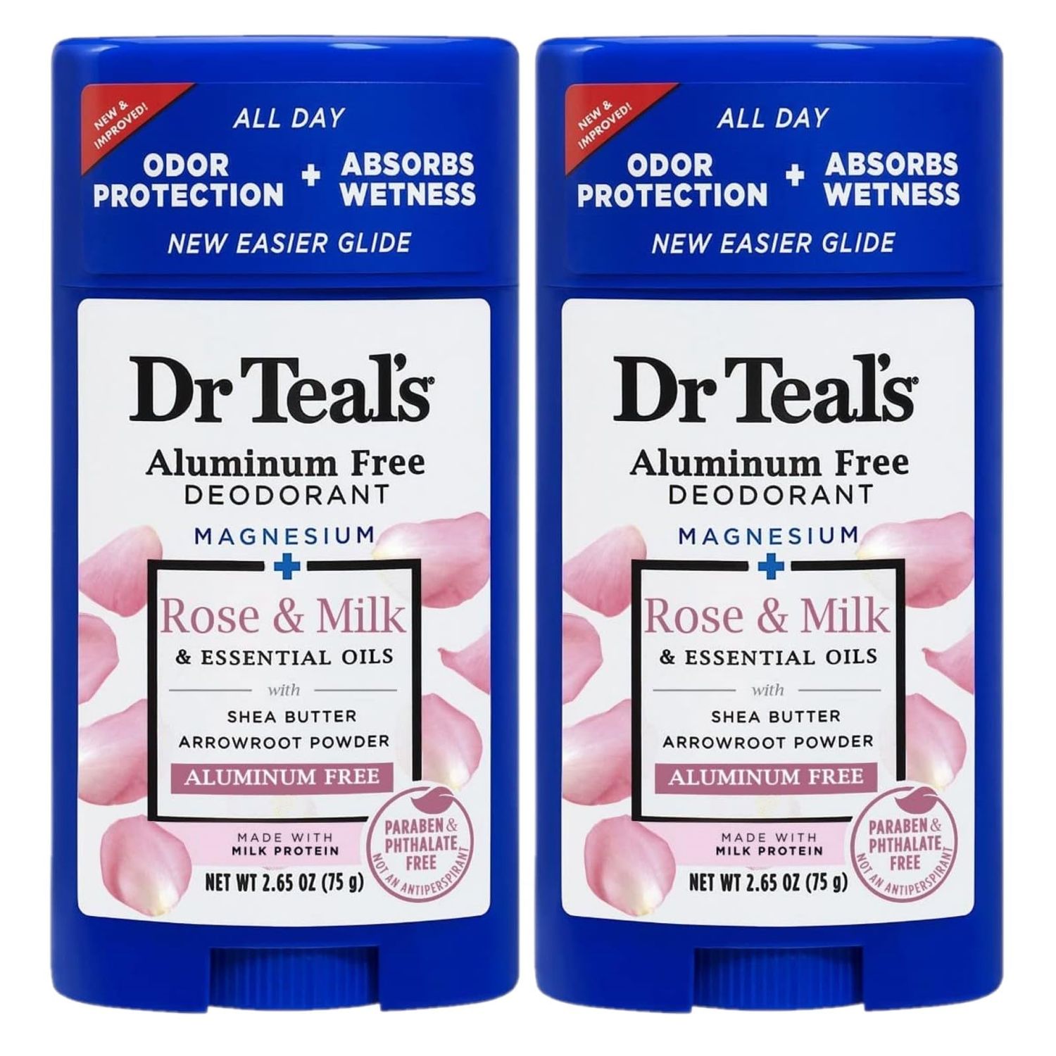Dr. Teal&#39;s Rose Milk Deodorant Gift Set (2 Pack, 2.65oz Ea) - Rose Milk Formula - Aluminum Free with Magnesium - Essential Oils, Shea Butter Arrowroot Powder Absorb Moisture, Keep Skin Healthy