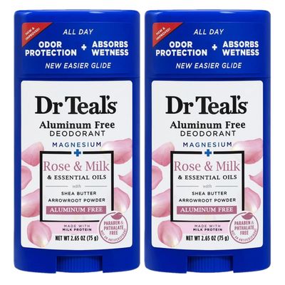 Dr. Teal&#39;s Rose Milk Deodorant Gift Set (2 Pack, 2.65oz Ea) - Rose Milk Formula - Aluminum Free with Magnesium - Essential Oils, Shea Butter Arrowroot Powder Absorb Moisture, Keep Skin Healthy