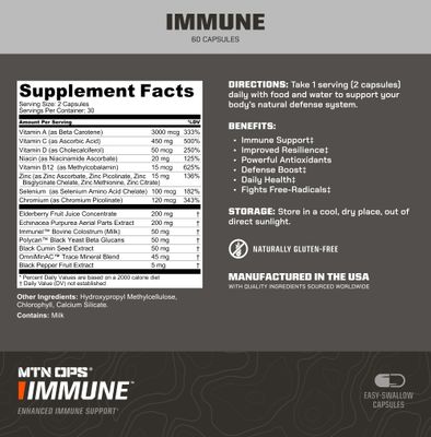 MTN OPS Immune Capsules Daily Immune Support with Vitamin D, Vitamin C, Zinc, Elderberry, Echinacea Antioxidants - 60 Easy-Swallow Capsules - 30 Servings