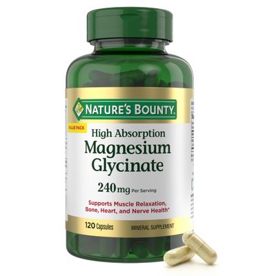Nature s Bounty High Absorption Magnesium Glycinate 240 mg for Supporting Muscle Relaxation and Bone, Heart Nerve Health - Non-GMO, Gluten-Free, Vegetarian, 120 Count60 Servings