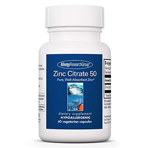 Allergy Research Group Zinc Citrate Supplement - Zinc for Men Women, Immune Support, Pure, Well-Absorbed, Well-Tolerated, Trace Mineral, 50mg Vegetarian Capsules - 60 Count