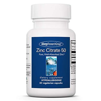 Allergy Research Group Zinc Citrate Supplement - Zinc for Men Women, Immune Support, Pure, Well-Absorbed, Well-Tolerated, Trace Mineral, 50mg Vegetarian Capsules - 60 Count