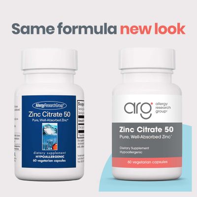 Allergy Research Group Zinc Citrate Supplement - Zinc for Men Women, Immune Support, Pure, Well-Absorbed, Well-Tolerated, Trace Mineral, 50mg Vegetarian Capsules - 60 Count