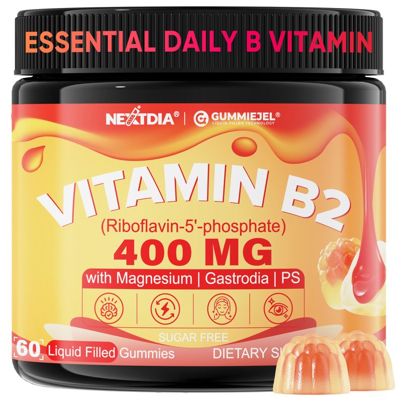 Vitamin B2 Riboflavin 400mg Magnesium Glycinate 800mg Gummies for Adults - Riboflavin 5'-Phosphate Bioactive B2 Vitamin Form - Energy Calm Brain Supplement wPhosphatidylserine, Sugar Free, 60Cts