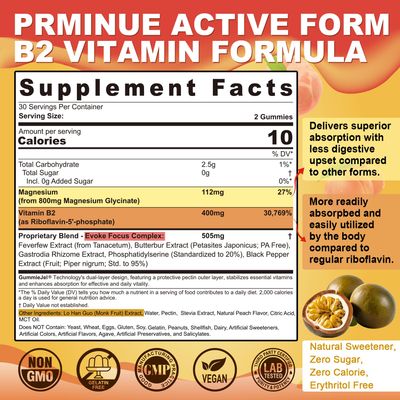 Vitamin B2 Riboflavin 400mg Magnesium Glycinate 800mg Gummies for Adults - Riboflavin 5'-Phosphate Bioactive B2 Vitamin Form - Energy Calm Brain Supplement wPhosphatidylserine, Sugar Free, 60Cts