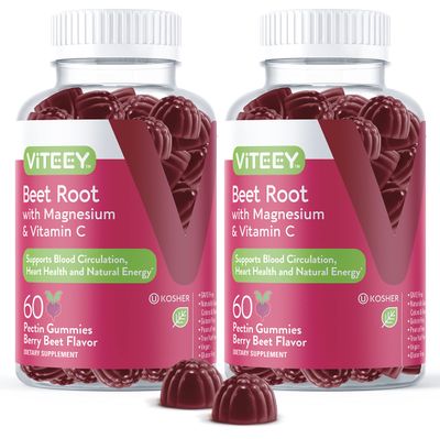 Beet Root Gummies with Magnesium Vitamin C for Healthy Blood Pressure Support - Vegan, Gelatin Free, Gluten Free, GMO Free - Beetroot Chewable Berry Beet Flavored Gummy