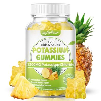 softbear Potassium Chloride Gummies 1200mg, Sugar-Free Potassium Gummies for Adults Support Leg Cramps High Potency Potassium Chloride Supplement, Pineapple Flavor 60 Count