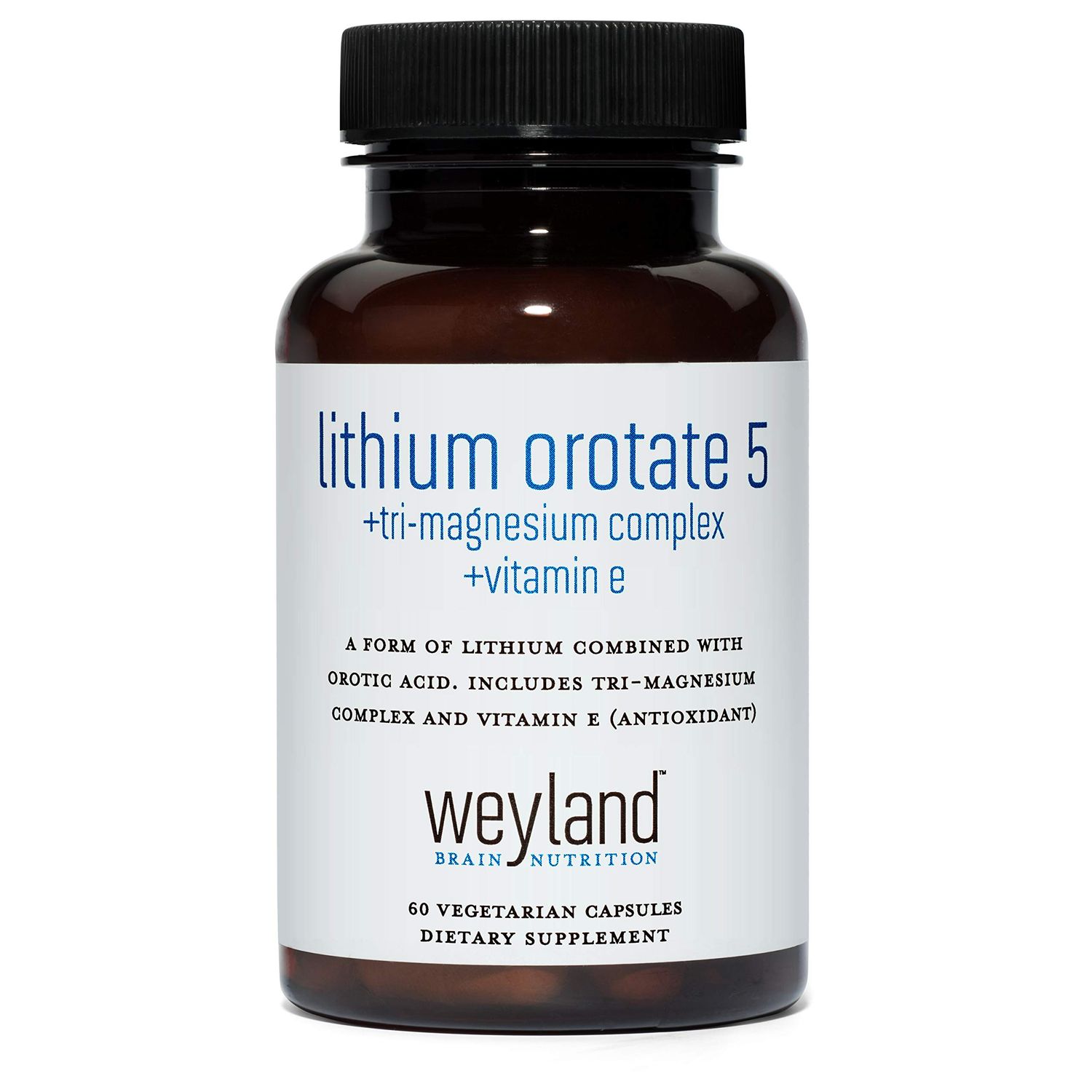 Weyland Brain Nutrition Lithium Orotate 5mg Tri-Magnesium Threonate, Taurinate, Malate Glycine Vitamin E, Mood Support and Metabolism Supplement, 60 Vegetarian Capsules