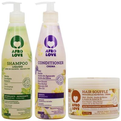 Afro Love Hair Care Set - Shampoo (16oz), Conditioner (16oz), and Hair Souffl (16oz) - Moisturizing Nourishing for Curly, Kinky Coily Hair - Sulfate-Free Paraben-Free
