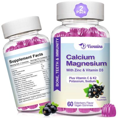 High Absorption Calcium Gummies, Sugar Free Calcium Magnesium Supplement with Potassium Vitamin D3 for B0ne Teeth Strength, Muscle Function - Vegan, Elderberry Flavor 120 Cts