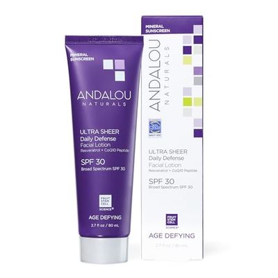 Andalou Naturals Age Defying Face Sunscreen, SPF 30 Zinc Oxide Mineral Sunscreen, Ultra Sheer Daily Defense Face Lotion, Helps Hydrate Skin, Gentle Lightweight - 2.7 Fl. Oz.