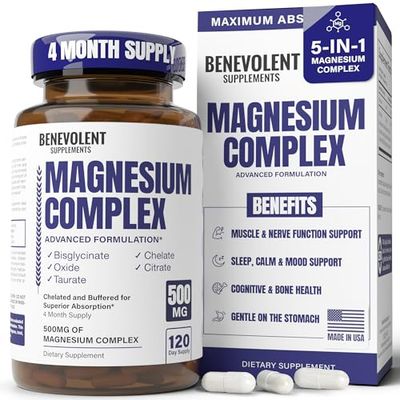 Magnesium Complex Supplement, 4 Month Supply of 500mg 5-in-1 Magnesium Bisglycinate, Oxide, Taurate, Chelate, Citrate, Max Absorption Magnesium Supplement for Calm, Sleep Leg Cramps, 120 Capsule
