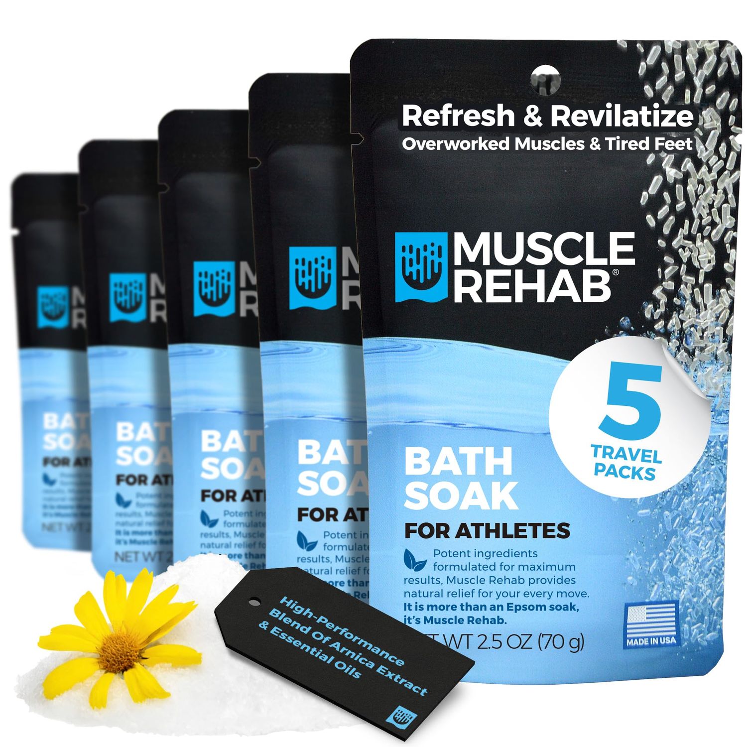 Muscle Rehab: (5) 2.5oz Travel Bath Epsom Soak Packets Arnica Infused Magnesium Salt, Body, Hand and Foot Pain Relief, Sore Feet Relief, Essential Oils in Epsom Salt Foot soak for Pain Relief