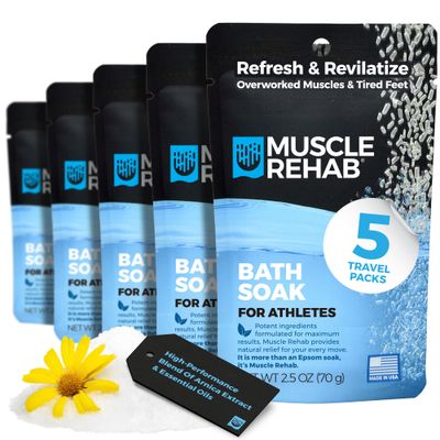 Muscle Rehab: (5) 2.5oz Travel Bath Epsom Soak Packets Arnica Infused Magnesium Salt, Body, Hand and Foot Pain Relief, Sore Feet Relief, Essential Oils in Epsom Salt Foot soak for Pain Relief