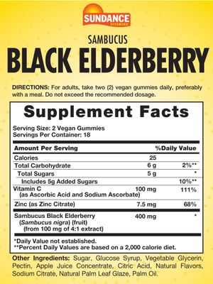 Sundance Black Elderberry Gummies 36 Count with Vitamin C and Zinc Berry Flavor Vegan, Non-GMO, and Gluten Free Supplement