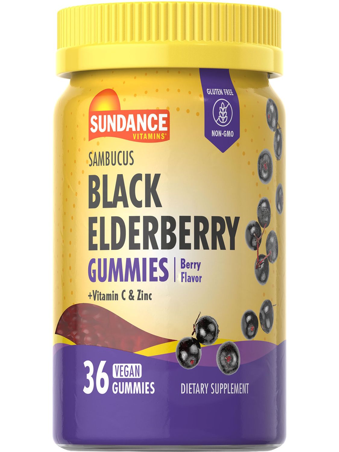 Sundance Black Elderberry Gummies 36 Count with Vitamin C and Zinc Berry Flavor Vegan, Non-GMO, and Gluten Free Supplement