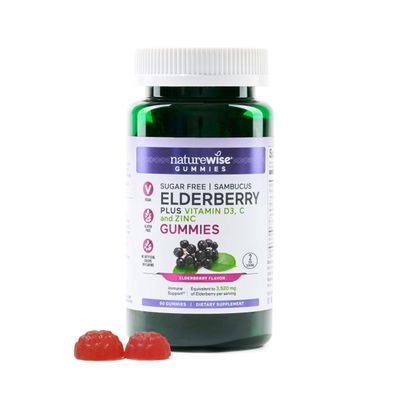 NatureWise Sambucus Elderberry Gummies - Sugar-Free - Daily Immune Support Supplement for Kids and Adults, with Vitamin C, D3, Zinc - Vegan, Gluten Free, Non-GMO - 60 Count1-Month Supply