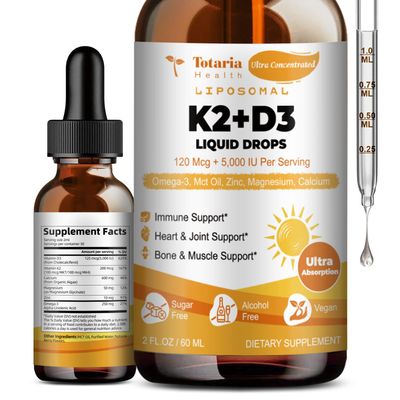 Liposomal Liquid Vitamin D3 K2 Supplement Drops with MCT Oil, Omega 3 - (5000 IU) D3 (200 MCG) K2 Bone Strength with Calcium Magnesium Zinc Support Teeth, Bones, Vitamin D, Non-GMO Made in USA