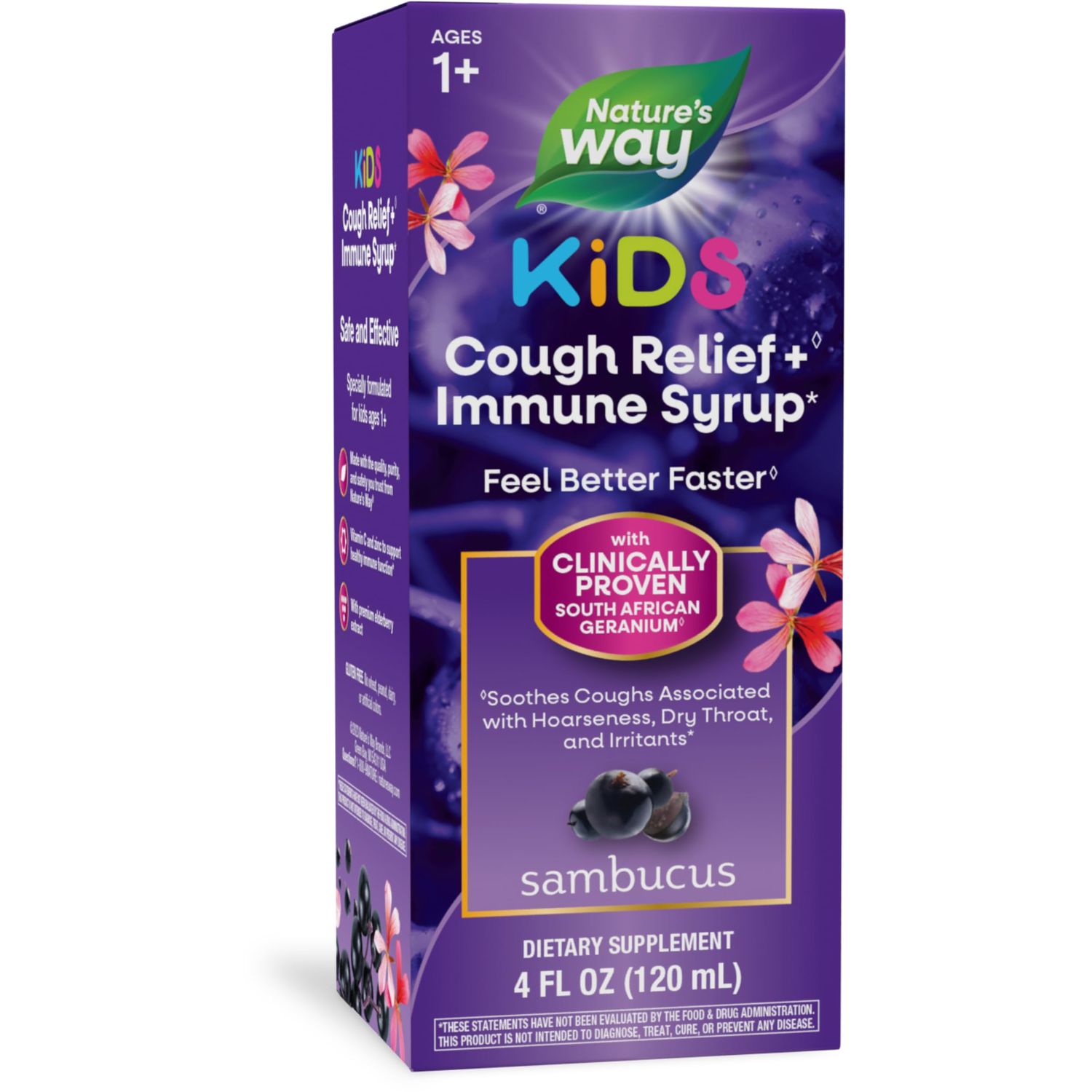 Nature s Way Sambucus Kids Cough Relief Immune Syrup, Feel Better Faster , Clinically Proven South African Geranium, with Elderberry Extract, Vitamin C Zinc, Gluten Free, Vegan, 4 Fl Oz