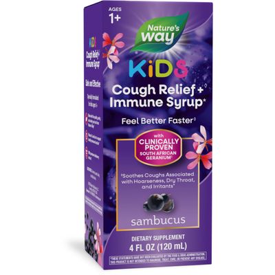 Nature s Way Sambucus Kids Cough Relief Immune Syrup, Feel Better Faster , Clinically Proven South African Geranium, with Elderberry Extract, Vitamin C Zinc, Gluten Free, Vegan, 4 Fl Oz