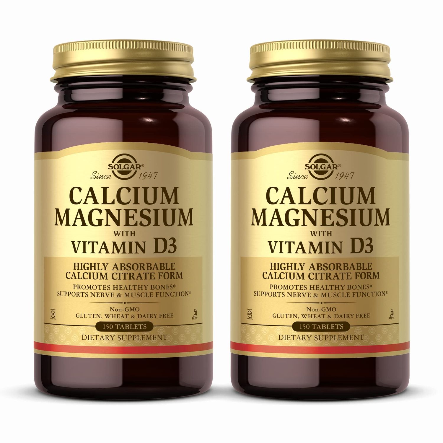 Solgar Calcium Magnesium with Vitamin D3-150 Tablets, Pack of 2 - Promotes Healthy Bones, Supports Nerve Muscle Function - Non-GMO, Gluten Free, Kosher - 60 Total Servings