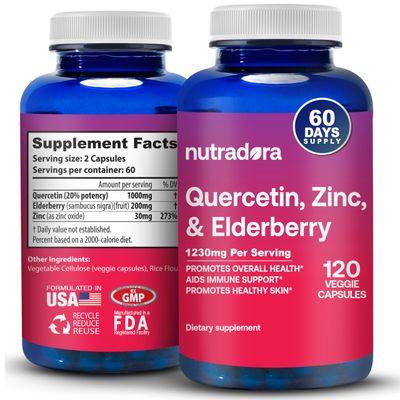 Nutradora Quercetin 1000mg Veggie Capsules, Non-GMO, Elderberry Zinc Quercetin Supplements Supports Immune, Cardiovascular Respiratory Health,120 Capsules (Pack of 1)