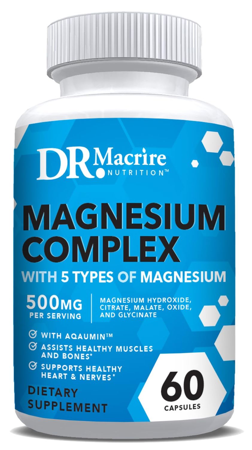 Magnesium Complex Supplement 500mg. Citrate, Glycinate, Malate, Hydroxide, and Oxide, Five Different Forms of Magnesium for Bones, Muscle, and Energy Support, 60 Capsules