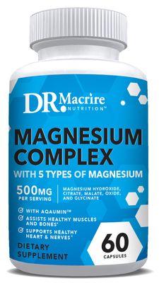 Magnesium Complex Supplement 500mg. Citrate, Glycinate, Malate, Hydroxide, and Oxide, Five Different Forms of Magnesium for Bones, Muscle, and Energy Support, 60 Capsules