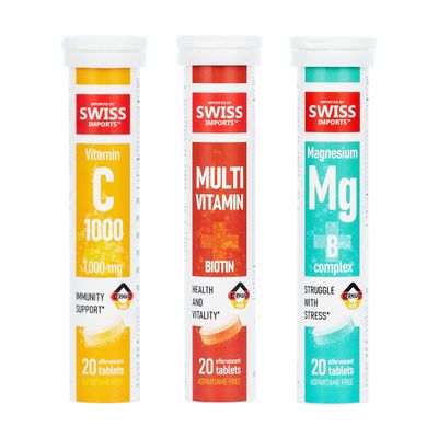 Swiss Imports Effervescent Variety Pack with Vitamin C 1000mg, Magnesium B Complex, Multivitamin Biotin, 3-Pack, 60 Tablets