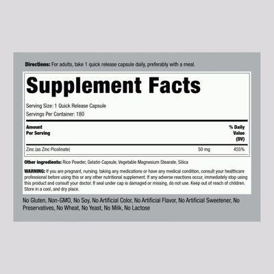 Piping Rock Zinc Picolinate 50mg 180 Capsules Non-GMO, Gluten Free Supplement
