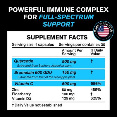 Quercetin 500mg Supplement with Sambucus Elderberry, Bromelain, Vitamin C, Zinc 50mg, Vitamin D3 5000 IU - Antioxidant Immune Health Support Zinc Quercetin - 6 in 1 Black Elderberry Supplement
