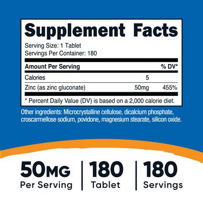 Nutricost Zinc Gluconate 50mg, 180 Tablets - GMO-Free