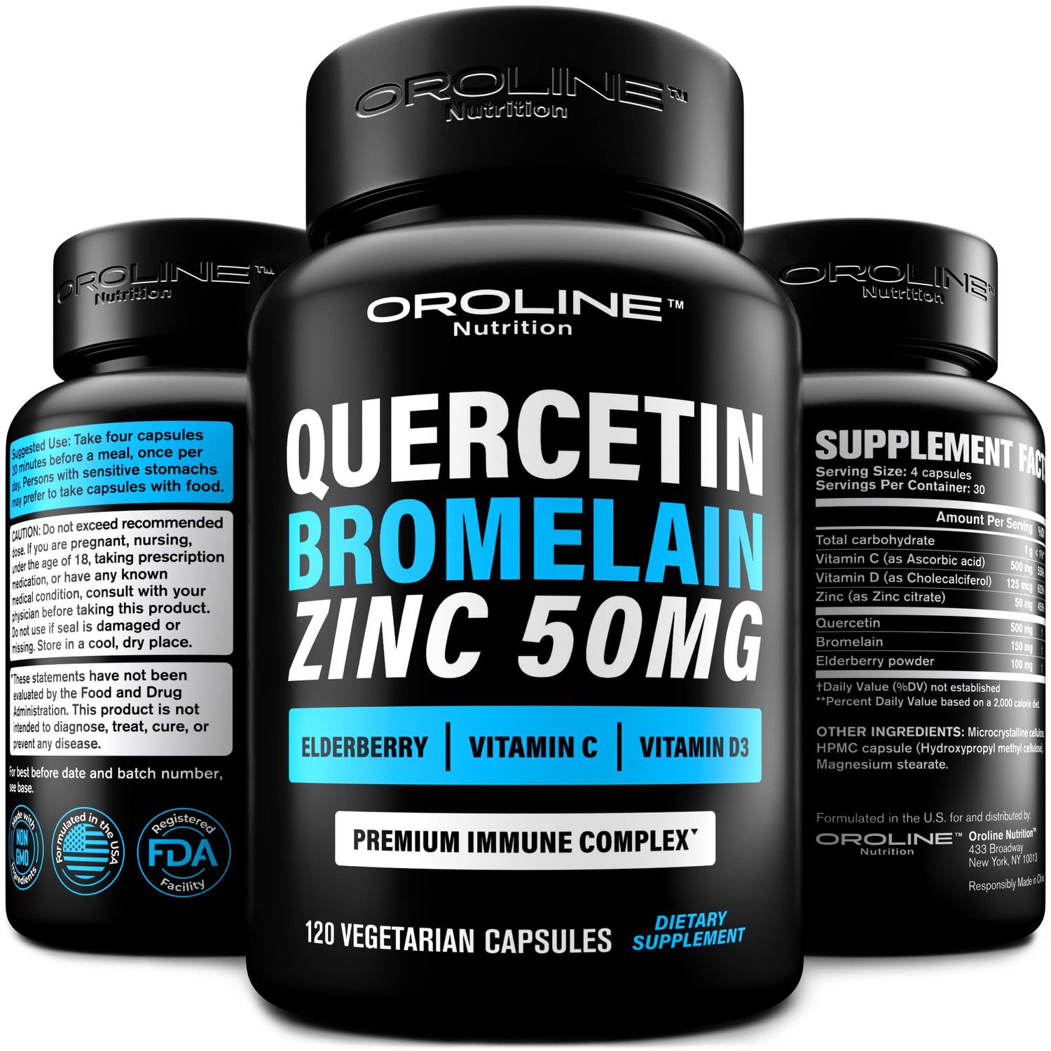 Quercetin 500mg Supplement with Sambucus Elderberry, Bromelain, Vitamin C, Zinc 50mg, Vitamin D3 5000 IU - Antioxidant Immune Health Support Zinc Quercetin - 6 in 1 Black Elderberry Supplement