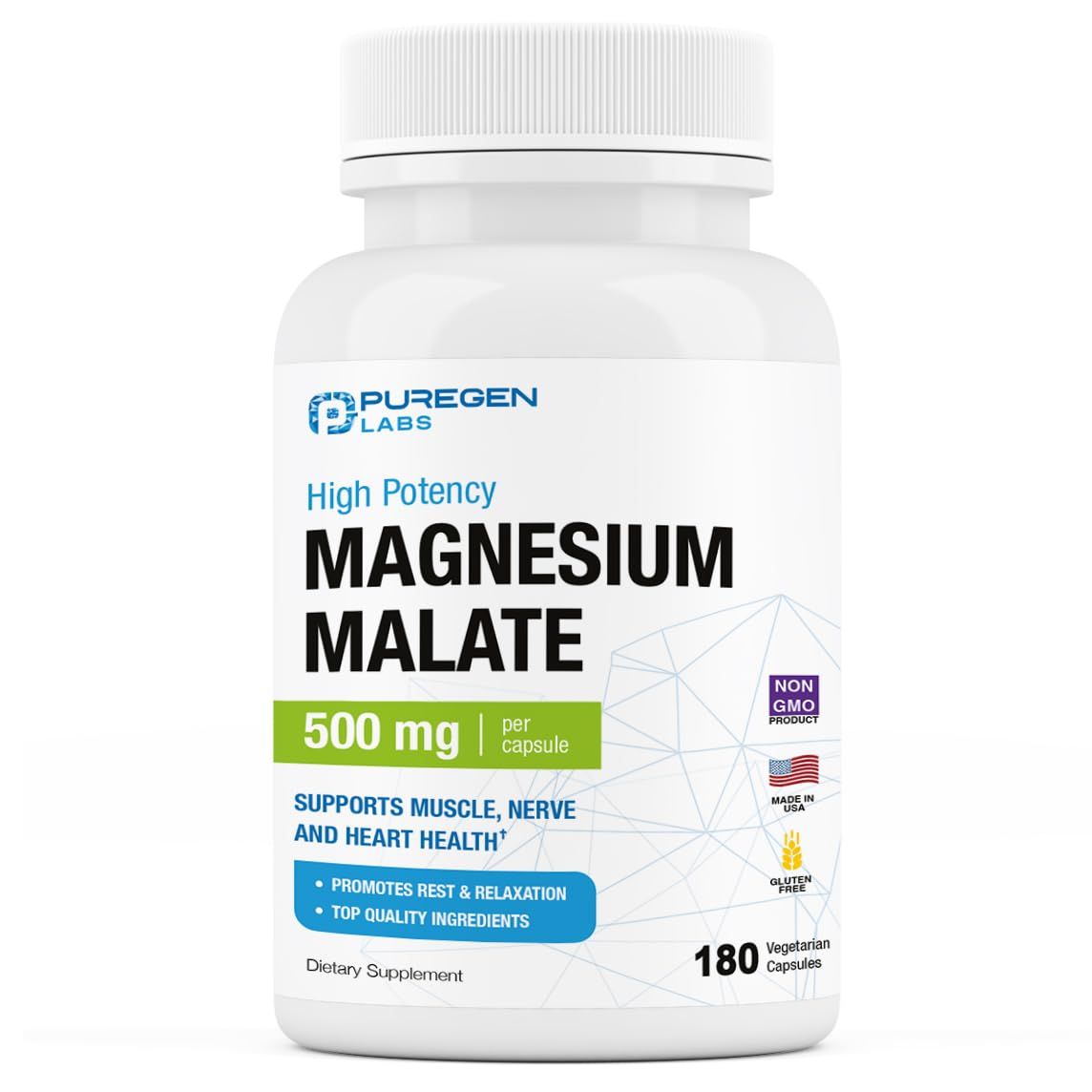 Puregen Labs Magnesium Malate 500mg High Potency Elemental Magnesium 180 Veggie Caps, Superior Absorption, Non-GMO, NO Gluten and Dairy, Supports Muscle, Joint, and Heart Health
