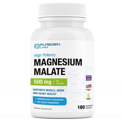 Puregen Labs Magnesium Malate 500mg High Potency Elemental Magnesium 180 Veggie Caps, Superior Absorption, Non-GMO, NO Gluten and Dairy, Supports Muscle, Joint, and Heart Health