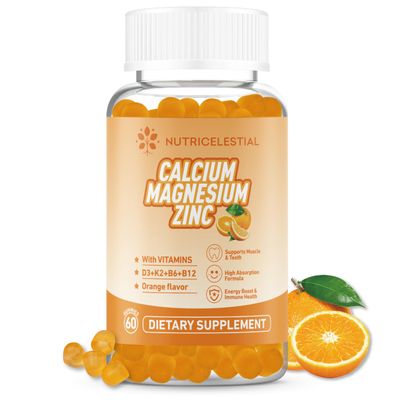 Nutricelestial Calcium Magnesium Zinc Gummies with Vitamins D3, K2, B6, B12 - Helps Support Bone Immune Health, High Absorption, Vegan, Sugar-Free, Non-GMO, 60 Orange-Flavored Gummies