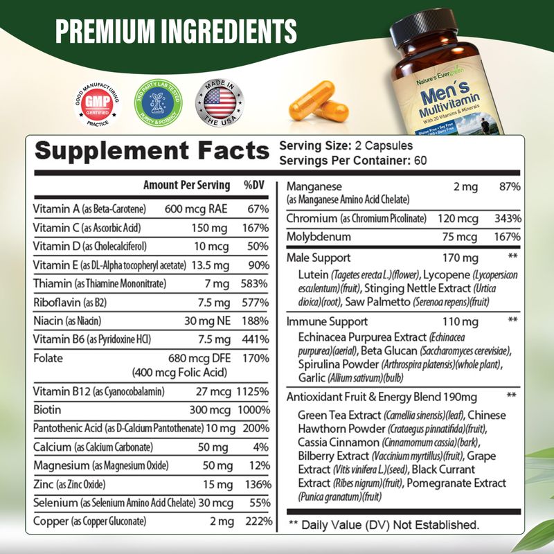 Best Multivitamin for Men Completely Men's Multivitamins Multiminerals with Over 20 Vitamins A, C, D, E, B12, Zinc More Essential Vitamins for Men Energy, Focus Immune Health. 120 Capsules