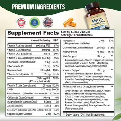 Best Multivitamin for Men Completely Men's Multivitamins Multiminerals with Over 20 Vitamins A, C, D, E, B12, Zinc More Essential Vitamins for Men Energy, Focus Immune Health. 120 Capsules