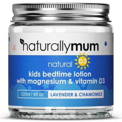 NaturallyMum Kids Magnesium Bedtime Lotion with Vitamin D Support for Sleep, Heart, Bone, Nerve, Gut and Muscle Health Alternative to Melatonin Lavender Chamomile 4.2 fl oz