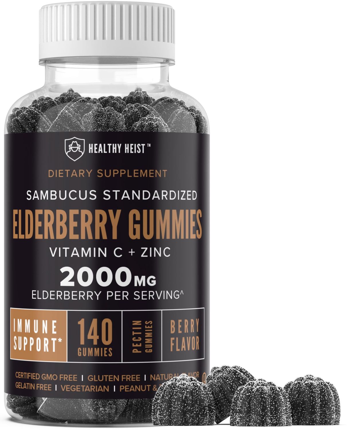 HEALTHY HEIST Sambucus Black Elderberry Gummies with Zinc and Vitamin C, 140 Gummies, Chewable Immune Support for Adults and Kids, Non GMO, Kosher, Pectin, Vegan, Delicious Berry Flavor