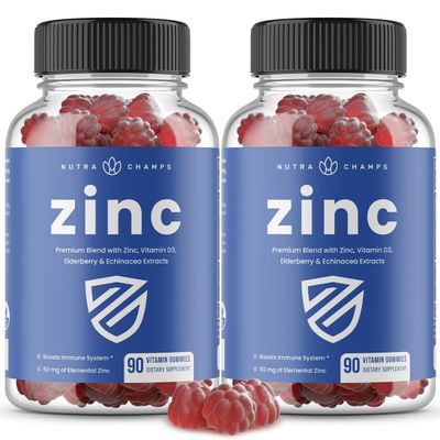 NutraChamps 4-in-1 Zinc Gummies, 50mg Chewable Zinc Supplement Gummies with Vitamin D3 2000 IU, Elderberry Echinacea, Immune, Heart Brain Support, 180 Count (Pack of 2)