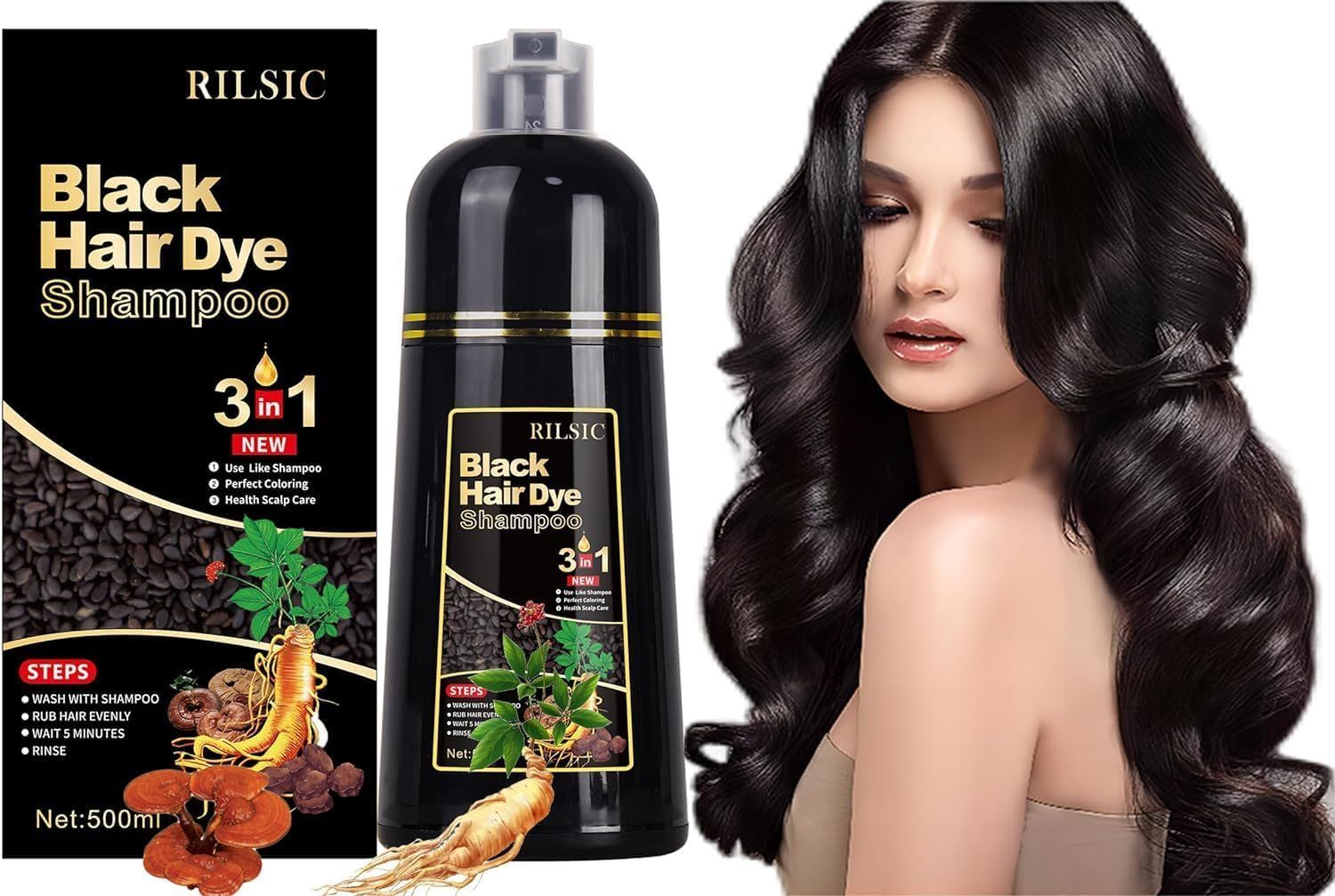 RILSIC Black Hair Dye Shampoo 3 IN 1, Herbal Natrual Shampoo Instant Hair Color Shampoo for Women Men - Grey Hair Coverage- Long Lasting-Coloring in Minutes(500ML) (Black)